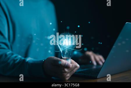 AI or Artificial intelligence concept. Man is holding a bright light bulb and has an AI chip and gears inside. future digital technology, Intelligent Stock Photo