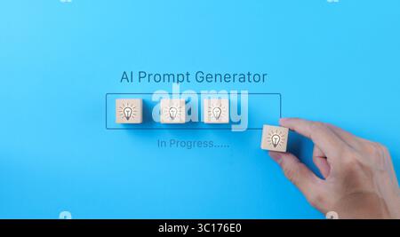 AI or Artificial intelligence concept. Hand putting idea light bulb wooden cube on virtual infographic AI prompt generator, Application software Stock Photo