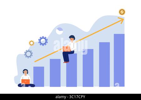 man sitting working at laptop on growing chart. Vector flat illustration suitable for data analysis, startup business launch, investment and other pur Stock Vector