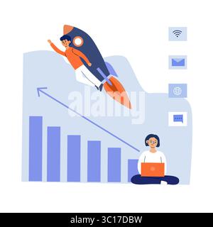 Startup launch and acceleration - business team with laptop, rocket, profit chart. Flat illustration of teamwork and business growth, startup Stock Vector