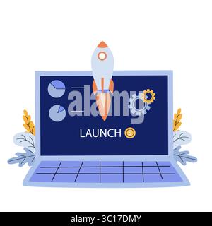 Laptop with rocket icon and launch inscription. Startup launch and promotion illustration isolated on white background Stock Vector