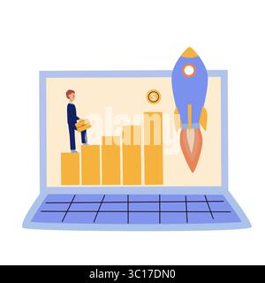 Startup launch and acceleration - business growth, rocket, profit chart. Flat illustration of businessman and business growth. Investment concept for Stock Vector