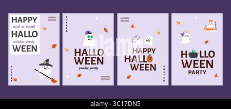 Halloween party posters featuring cute ghosts and festive elements. Stock Vector