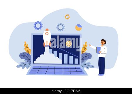 Business strategy for finding solutions to launch startup, Vector flat illustration of entrepreneur working to achieve success. Stock Vector