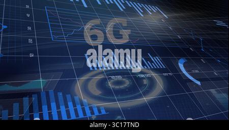 Displaying dashboard interface on dark blue grid showing 6G text, HUD gauge, bar and line charts Stock Photo