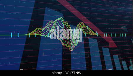 Multicolored 3D wavy line plot undulating in analytics dashboard, with bars, candlesticks, red band Stock Photo