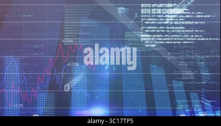 Displaying data interface at office window frames, showing red and blue graphs with code text Stock Photo
