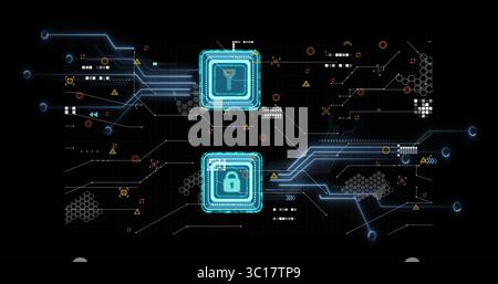 Glowing circuit lines connecting neon-blue key and padlock modules in network grid, with data nodes Stock Photo