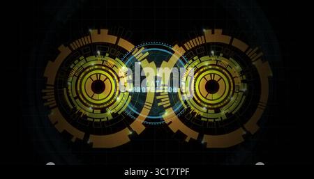 Displaying dual HUD diagrams in digital interface, with central glowing data protection text Stock Photo