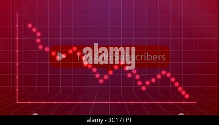 Displaying red-pink subscriber count in analytics space, points and grid lines, play button overlay Stock Photo