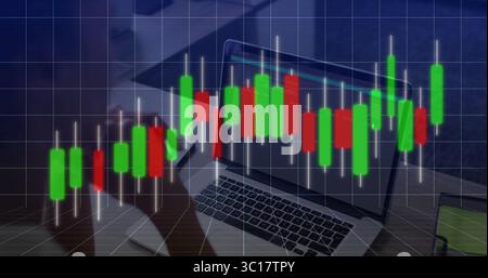 Displaying candlestick chart overlay on office wood desk, with laptop, smartphone and coffee mug Stock Photo