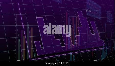 Displaying purple area chart in trading UI showing colorful bars magenta trend line and overlays Stock Photo