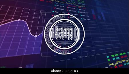 Displaying central circular infographic over dashboard showing grid panels with tickers and charts Stock Photo