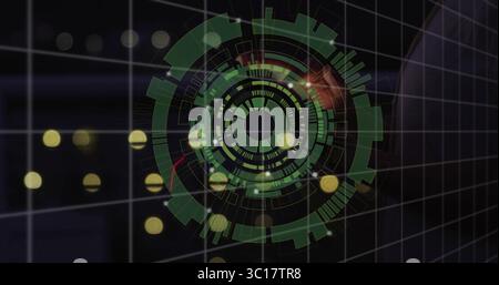 Projecting circular holographic interface over 3D grid in control room, with floating yellow flares Stock Photo