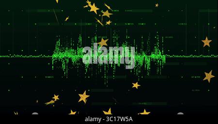 Displaying central green waveform pulsing in abstract digital scene, with golden star shapes Stock Photo