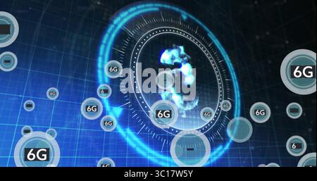 Projecting holographic circular HUD hovering in virtual grid network space, with floating 6G icons Stock Photo