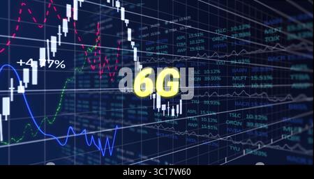 Displaying yellow 6G label floating over digital dashboard, with candlestick bars and line graphs Stock Photo