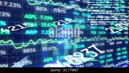 Displaying digital financial data on virtual grid screen, with moving line charts and stock tickers Stock Photo