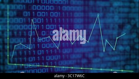 Displaying light green line graph tracing data trends on computer display grid and binary backdrop Stock Photo