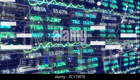 Displaying market data flowing on digital platform, with ticker symbols and neon line charts Stock Photo