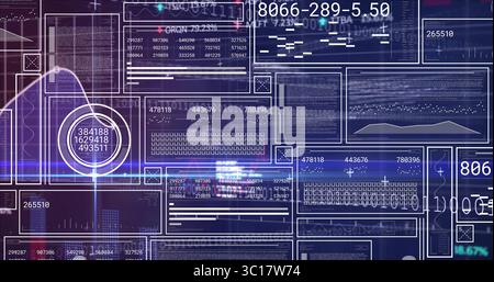 Displaying data panels showing numeric data on dashboard, with circular gauge and binary code Stock Photo
