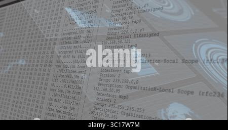 Displaying data interface streaming logs at console, with hex dumps, IPs and 3D wireframe Stock Photo
