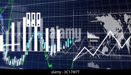 Displaying financial market analytics on dashboard, with candlestick charts, trend line, world map Stock Photo
