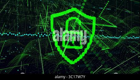 Displaying pixelated green shield with open padlock lighting grid, with glowing data points Stock Photo