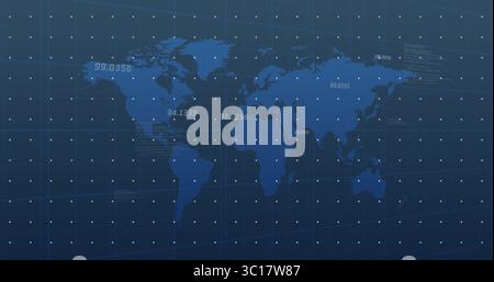 Displaying vector world map with grid overlay on analytics dashboard and floating-point data labels Stock Photo