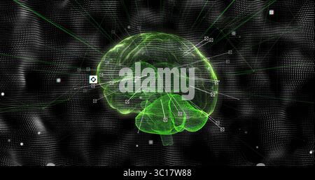 Floating green wireframe brain glowing in digital data field, with square nodes and connector lines Stock Photo