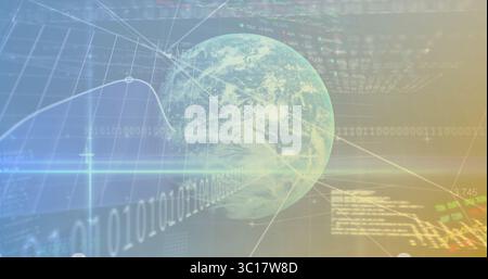 Rotating transparent Earth globe in virtual data interface, with binary code and grid Stock Photo