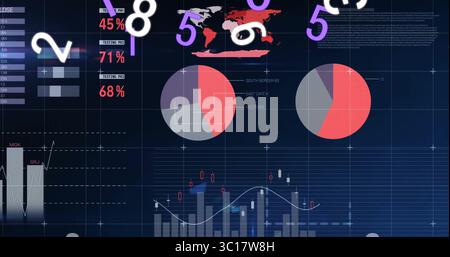 Dashboard displaying stats, pie charts, world map and floating numerals on screen Stock Photo