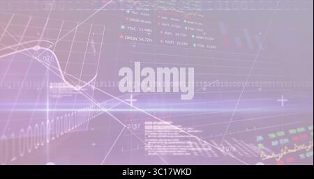 Displaying holographic data interface in dashboard, with line graphs, bar charts and percent labels Stock Photo