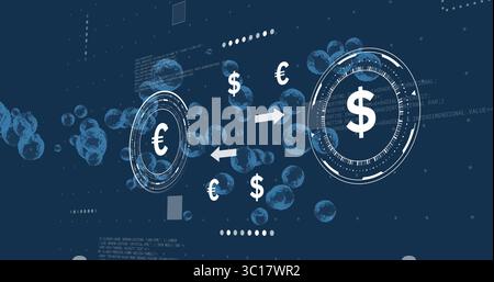 Displaying HUDs with arrows exchanging euro and dollar symbols on blue data plane, with bubbles Stock Photo