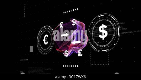 Pulsating mesh orb floating on digital finance interface, with orbiting currency symbols and arrows Stock Photo