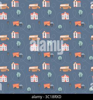 Kids seamless pattern with car, bus and road. Perfect for fabric , digital paper, cards Stock Vector