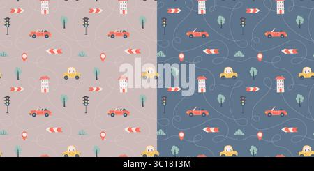 Kids seamless pattern with car, bus and road. Perfect for fabric , digital paper, cards Stock Vector