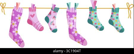 Clothesline socks. Socks on a rope, Baby socks with patterns vector cartoon Stock Vector