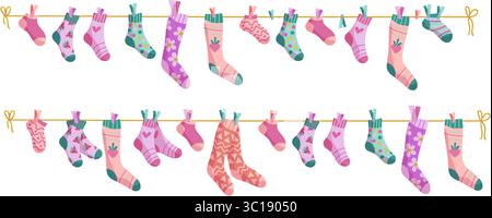 Clothesline socks illustration set. Socks on a rope, Baby socks with patterns vector cartoon Stock Vector