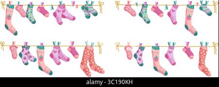 Clothesline socks illustration set. Socks on a rope, Baby socks with patterns vector cartoon Stock Vector