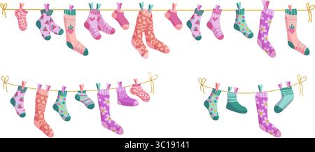 Clothesline socks illustration set. Socks on a rope, Baby socks with patterns vector cartoon Stock Vector