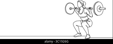 continuous single line drawing of female athlete doing squats with barbell, line art vector illustration Stock Vector