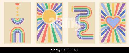 Zen arch poster set, retro style simple line arch and shapes. Geometric rainbow Japanese zen pattern, minimal elements. Boho style strips Stock Vector