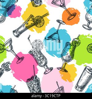 Seamless cocktail pattern with hand drawn drinks and watercolor splashes. Vector background for bar menu, party invitation, wrapping paper, textile pr Stock Vector