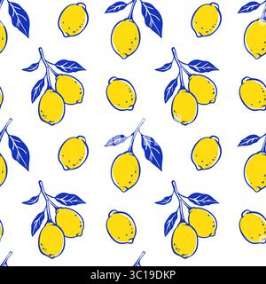 Italian blue and yellow lemon seamless pattern. Citrus fruit, leaves and branches hand drawn playful whimsical background. Cute line doodle sketch vec Stock Vector