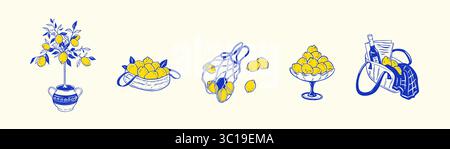 Set of blue and yellow lemon poster designs. Hand drawn doodle vector illustration. Summer Italian vacations. Mediterranean Sea Amalfi beach vacations Stock Vector