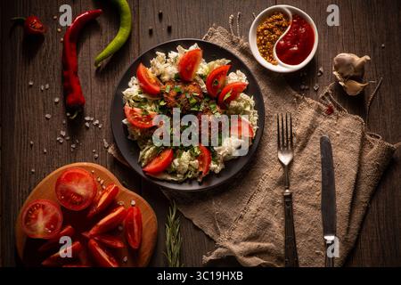 Shot of a plate of lamb meatballs with tomato sauce and fresh tomatoes, served on a dark plate. The plate sits on a rustic wooden board covered with a Stock Photo