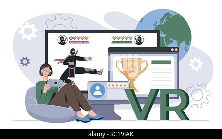 Woman playing VR ninja game on tablet. Vector illustration Stock Vector