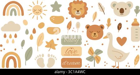 Adorable boho baby animals and nursery items like lion, rainbow, bottle and lettering in soft earth tones. Stock Vector