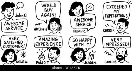 Doodle people set with speech bubbles and review quotes. Hand drawn characters for testimonial, review and marketing templates. Isolated on transparen Stock Vector